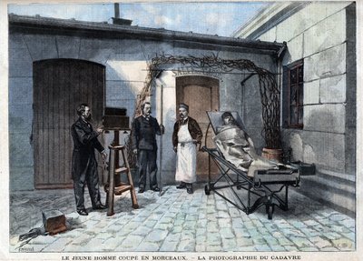 Vários factos: a fotografia do corpo cortado em pedaços pelo serviço de Alphonse Bertillon (1853-1914), um cientista francês, criador da antropometria. - em "Le Petitle Parisien" (Le Petitle Parisien) de French School