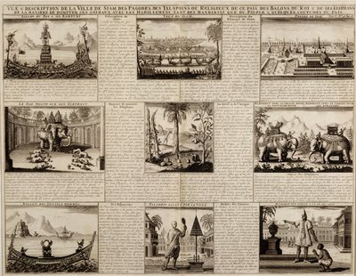 Várias visões de Siam e Ayutthaya, de Du Royaume de Siam por Simon de la Loubere, publicado em 1688 de French School