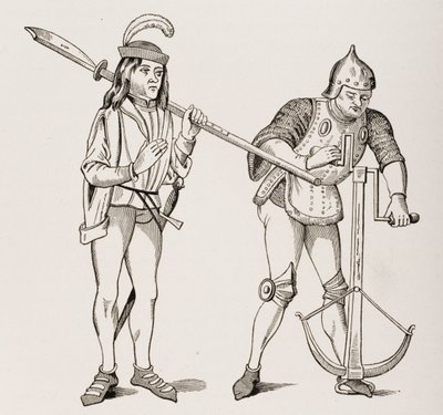 Varlet ou Squire carregando uma alabarda de lâmina grossa e um arqueiro desenhando uma corda de besta com um guincho de duas mãos, depois de uma miniatura do século 15, de Le Moyen Age et La Renaissance por Paul Lacroix ( de French School