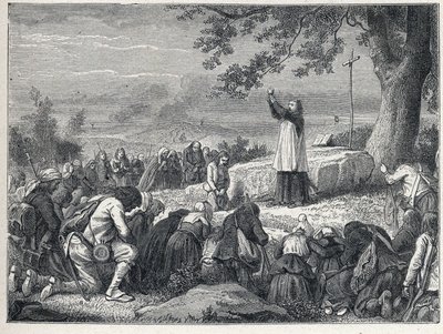 Vendee Wars (1793-1796): Padre insere a celebração de uma missa sob um carvalho para a população insurgente que rejeita os padres jurados. Gravura a partir de 1889. Coleção privada. de French School