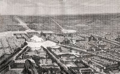 Versalhes com o seu castelo no século XIX - gravura em "La France illustree: geography, history, statistical administration" de V.A. Malt-Brown. 1884 de French School
