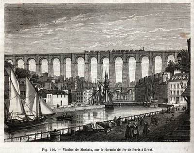 Viaduto de Morlaix, na linha férrea de Paris a Brest (França). Gravura de Lebreton et Marchand, em "Les Merveilles de la Science" de Louis Figuier (1819-1894), edição Jouvet et Cie de French School