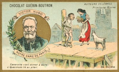 Victor Hugo, autor francês, e uma cena de seu romance Notre Dame de Paris (chromolitho) de French School
