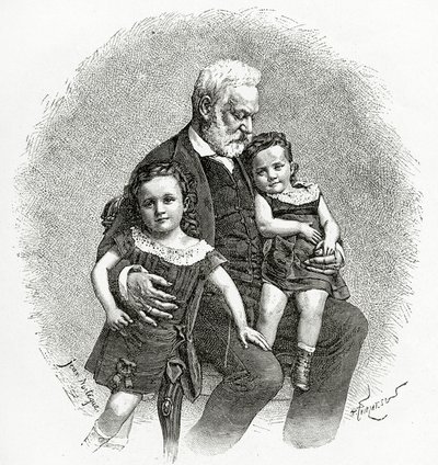 Victor Hugo e seus filhinhos, século XIX (gravura bw) de French School