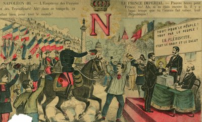 Victor Napoleão (1862-1926) à frente dos partidários dos Bonapartistas, o último herdeiro de Napoleão, tive de me exilar após uma lei aprovada pela Terceira República em 1886. Gravura, em "Le Figaro, suplemento", em 30/03/1889, Paris. de French School