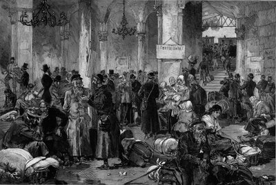 Viena 1882, o Salão das Causas Perdidas do Norte de Fahn: o repatriamento dos judeus exilados após o apaziguamento do movimento anti-semita que tinha ocorrido na Rússia, a partir do "Le Monde Illustre". de French School