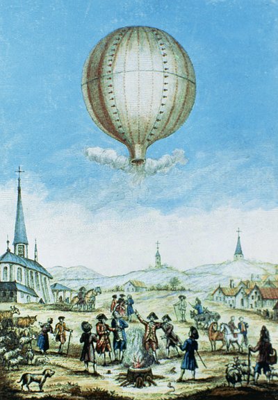 Vista de Annonay em Vivarais e o primeiro vôo do balão de ar quente dos irmãos Montgolfier em 1783 (gravura colorida) de French School