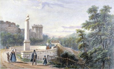 Vista do castelo de Dinan e da estátua de Duclos Pinot. Ilustração do século XIX conservada no Museu de Dinan. de French School