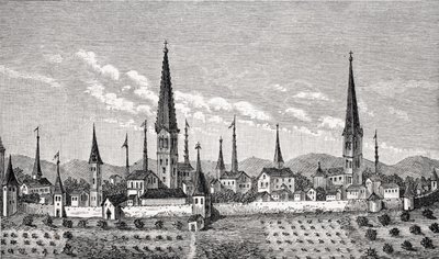 Vista de Dortmund, depois de uma gravura em cobre no "Theatrum Geographicum", de P. Bertius, de "Le Moyen Age et la Renaissance", de Paul Lacroix (1806-84), publicada em 1847 de French School