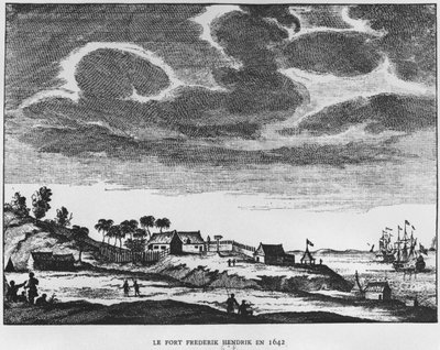 Vista, de, forte, frederik, Hendrik, mauritius, em, 1642, ilustração, de, le, Premier, Etablissement, Neerlandais, um, maurice, por, príncipe, roland, bonaparte, (1858-1924), 1890 de French School