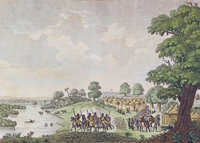 Vista de Joal, porto de comércio no Reino do Seno, Senegal, c.1810 de French School