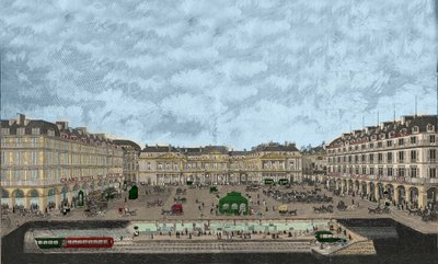Vista do Palais-Royal e da Rue de Rivoli com uma secção transversal da estação ferroviária metropolitana de 1898 (gravura colorida) de French School