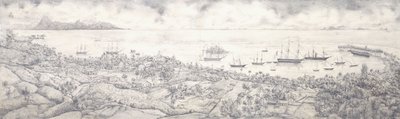 Vista de Papeete, Taiti, com vista para o porto em direção a Moorea, meados do século 19 de French School