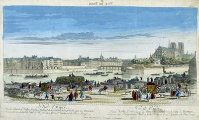 Vista de Paris e Notre-Dame (Notre-Dame), tomando as docas da Ile St Louis - gravura de French School