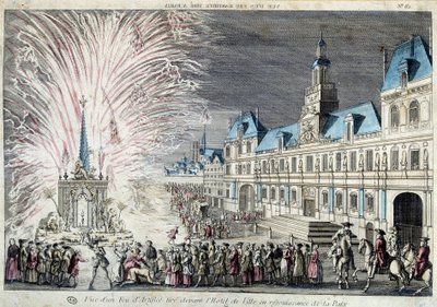 Vista de um fogo de artifício disparado em frente à Câmara Municipal na regozijo da Paz de French School