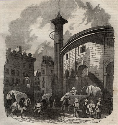 Vista do Halle au ble em Paris (construído em 1763-1769) e da coluna Medici, gravada a partir do século XIX - troca de trigo e milho em Paris (construído em 1763-1769), gravada no início do século XIX - Vista do Halle au ble, colocado no actual Hotel de So de French School