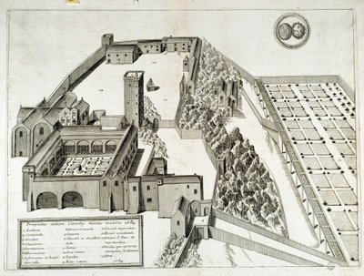Vista da Abadia Beneditina de Saint Pierre de Montmajour (ou Mont Majour), fundada em 948, Arles, França (gravura) de French School