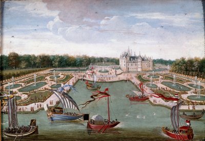 Vista do Chateau de Chantilly e das camas retiradas da pintura Vertugadin Anonymous da Ecole francaise. Por volta de 1680. Dim. 0,26x0,34 m. Chantilly, Museu Conde de French School