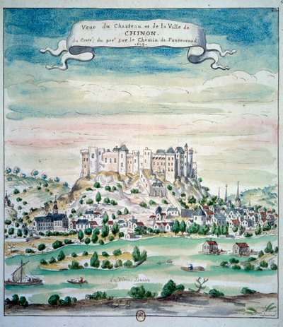 Vista do Chateau de Chinon Watercolour da escola francesa. 1699 Paris, B.N. de French School