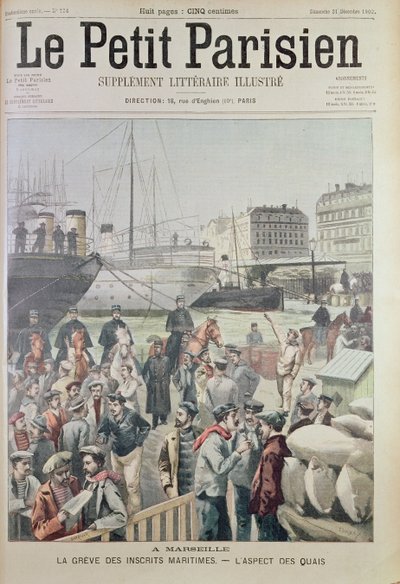 Vista das docas em Marselha durante a Maritime Strike, da capa do Le Petit Parisien, 21 de dezembro de 1902 de French School