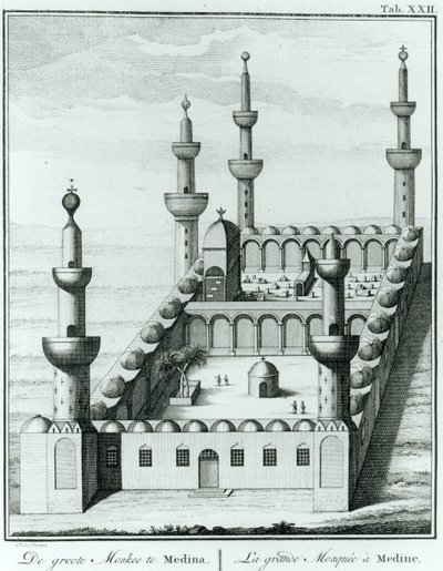 Vista da Grande Mesquita em Medina antes da profanação dos túmulos pela seita Wahhabi, da Description de lArabie por Carsten Niebuhr (1733-1815) publicado em 1774 de French School