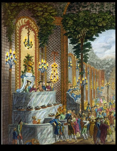 Vista do Interior em um dos quartos da Place de Louis le Grand, Vista da entrada do Salon (detalhe de 101860) (gravura a cores) de French School