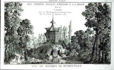 Vista do quiosque em Rembouillet, de elegantes jardins anglo-chineses de George Louis le Rouge, publicado em 1775-78 de French School