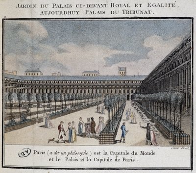 Vista do Palácio Real (Palais du Tribunat) com jardim e caminhantes de French School