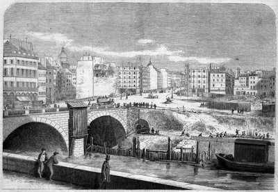 Vista da Ponte Saint Michel (Saint-Michel), construída em 1857, e da Praça Saint Michel (Saint-Michel) em Paris de French School