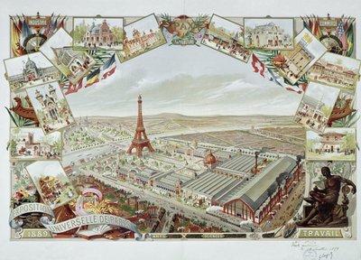 Vista da Exposição Universal com os diferentes pavilhões e a Torre Eiffel de French School