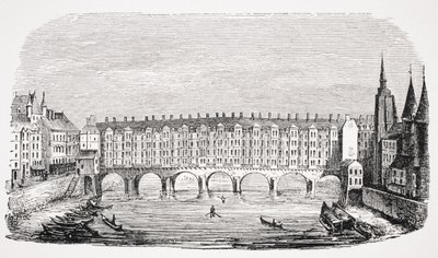 Vista da antiga Pont-au-Change, de uma gravura da "Topografia de Paris", de "Le Moyen Age et La Renaissance", de Paul Lacroix (1806-84), publicada em 1847 de French School