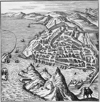Vista da cidade e do porto de Marselha, no século XVI. Gravura em "La Marine et les colonies: comércio". de French School