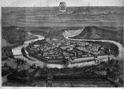 Vista da cidade de Besancon, em Doubs. Gravura de 1880 em "La republique illustree" coleção privada. de French School