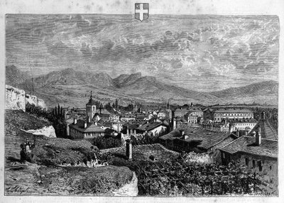 Vista da cidade de Chambery em Savoy. Gravura de 1880 em "La republique illustree" coleção particular. de French School