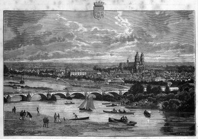 Vista da cidade de Tours no Indre et Loire. Gravura de 1880 na colecção privada "La republique illustree". de French School