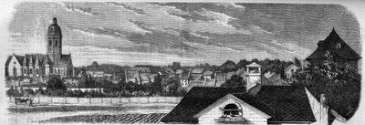 Vista do distrito da cidade de Kastrich, em Mainz (Alemanha), antes da explosão do barril de pólvora em 1857. A partir de uma fotografia. Gravura em "Le Monde Illustré" n°36 de 19 de Dezembro de 1857. de French School