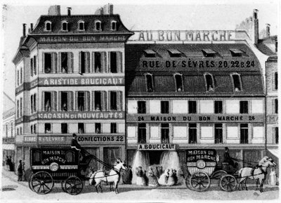 Vista do exterior das lojas Bon Marché, rue de Sèvres, Paris, c.1869 de French School