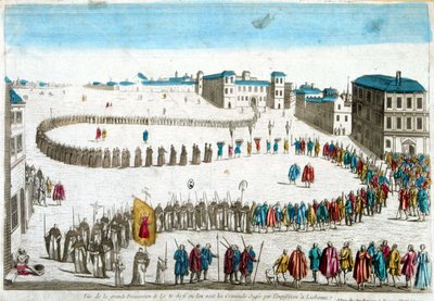 Vista da grande procissão do selfdafé onde vemos os criminosos julgados pela Inquisição em Lisboa - gravura de French School