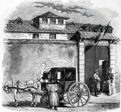 Vista da antiga casa de detenção da Guarda Nacional conhecida como Hotel des Beans em Paris (prisão de jardim nacional em Paris) de French School