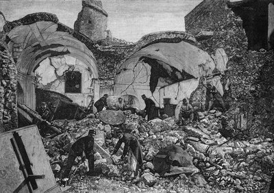 Vista das ruínas do Chiese del Purgatorio, destruído durante o terremoto de 1881 na ilha de Ischia (Itália). Gravura de Quesnel In "The Illustrous World" n°1254 de 9 de Abril de 1881. de French School