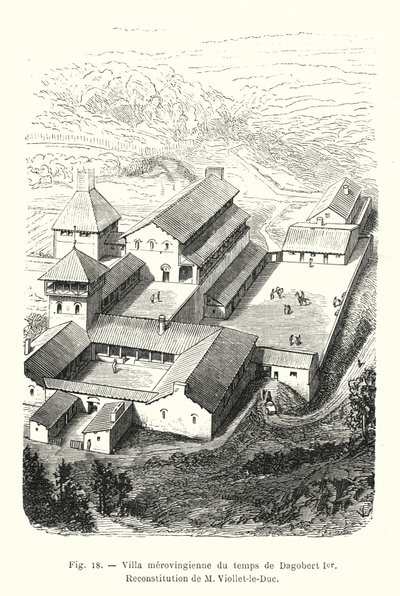 Merovingian villa da época de Dagobert I, Reconstituição por M Viollet-le-Duc (gravura) de French School