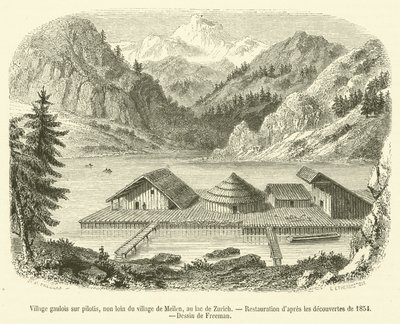 Aldeia galega em palafitas, não muito longe da aldeia de Meilen, no Lago Zurique (gravura) de French School