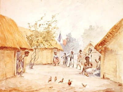 Aldeia em Madagáscar na época de sua conquista pela França em 1895-96 (aquarela sobre papel) de French School