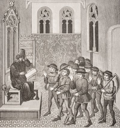 Vilões recebendo ordens de seus senhores antes de irem para o trabalho, depois de uma miniatura em um manuscrito do século XV, de Le Moyen Age et La Renaissance, de Paul Lacroix (1806-84), publicado em 1847 de French School
