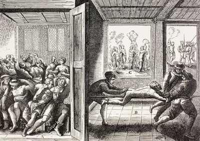 Violência dos huguenotes franceses contra os católicos no sul da França, de "A vida militar e religiosa na Idade Média" por Paul Lacroix, publicado em Londres c.1880 de French School