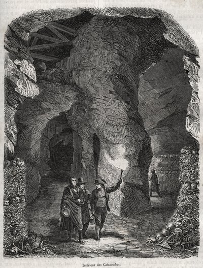 Visita das Catacumbas de Paris no século XIX - Gravura em "História física, civil e moral de Paris: desde os primeiros tempos históricos até aos nossos dias" por Jacques Antoine Dulaure de French School