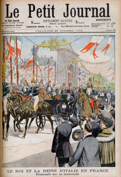 Visita do Rei e Rainha da Itália à França. Visita do Rei e Rainha da Itália à França. Promenade nas avenidas com Le President of the French Republic Emile Loubet - Ilustração para Le petit Journal, 25 de Outubro de 1903 - Victor Emmanuel III (Victor-Emma de French School