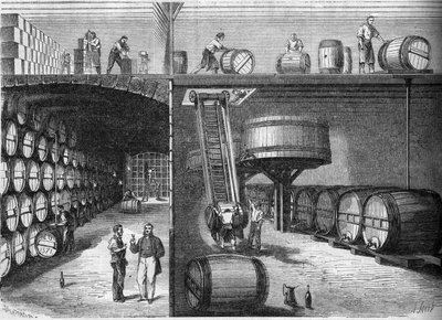 Viticultura: vista interna das caves e oficinas de M. P. Morel e F. Sourzac em Bordeaux, Gironde (33) de French School