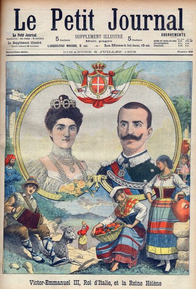 Vittorio Emanuele III di Savoia e Elena di Savoia - Rei Victor Emmanuel III e Rainha Elena da Itália. Victor Emmanuel III, Rei de Itália, e Rainha Helena. Ilustração para Le petit Journal, 5 de Julho de 1903. de French School