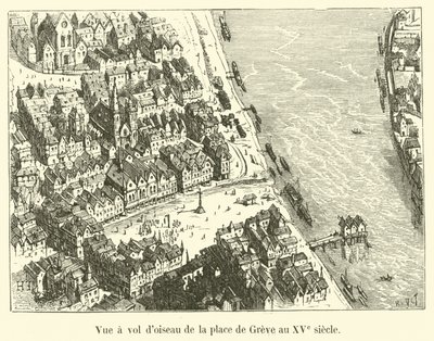 Vista aérea da praça Greve no século XV de French School